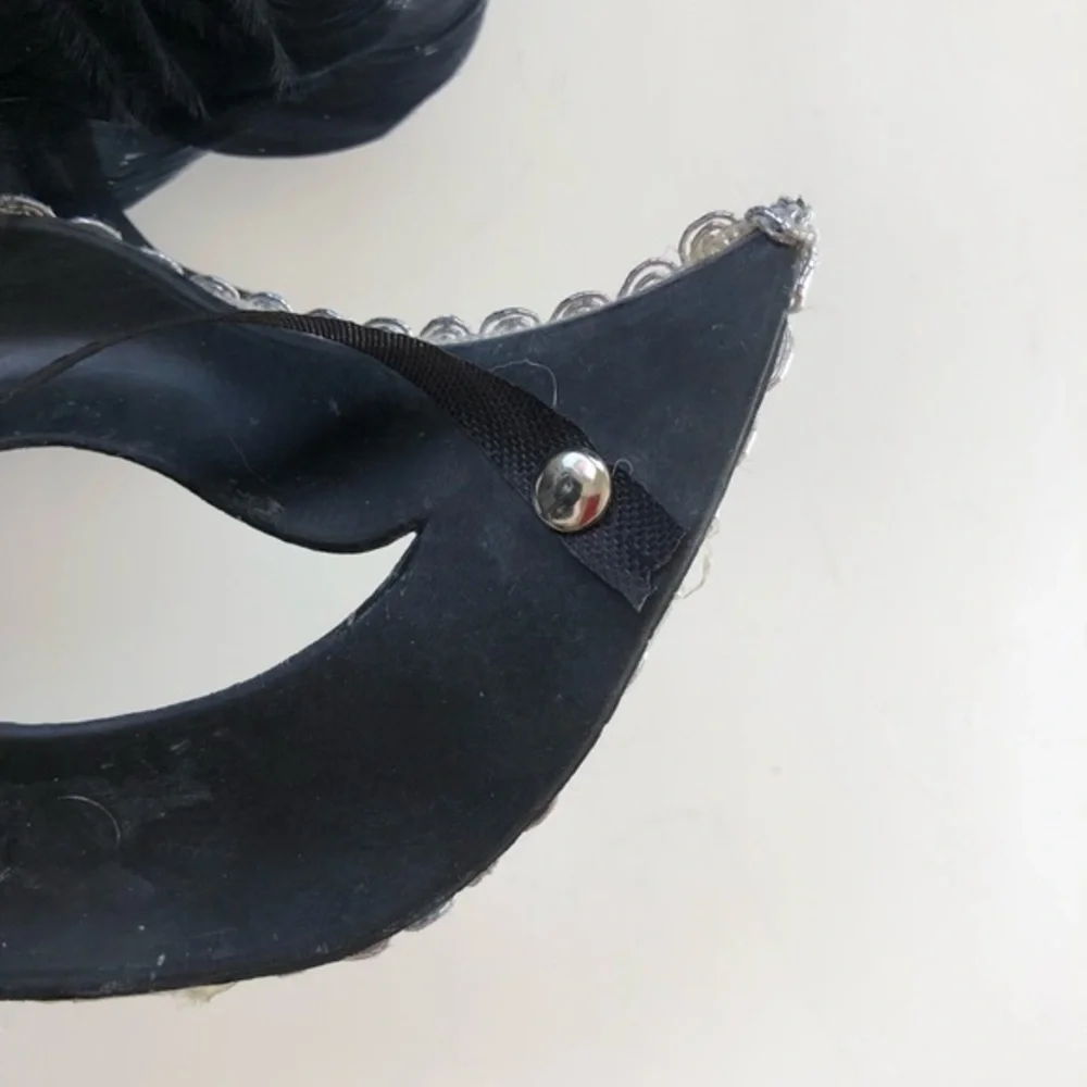 Masquerade Mask Black & Silver with Feathers